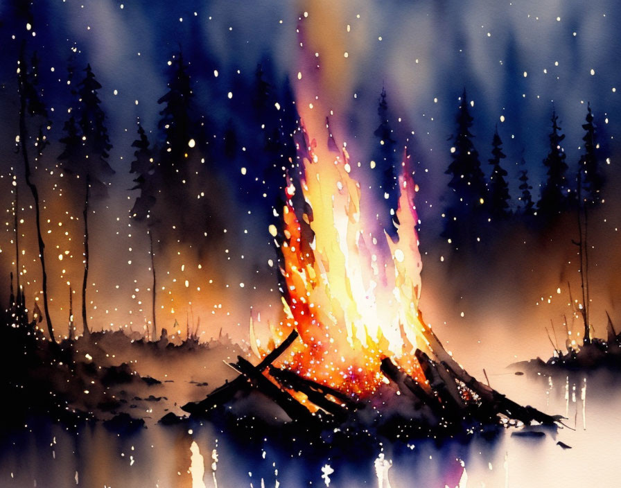 Campfire Watercolor Painting with Sparks and Night Sky