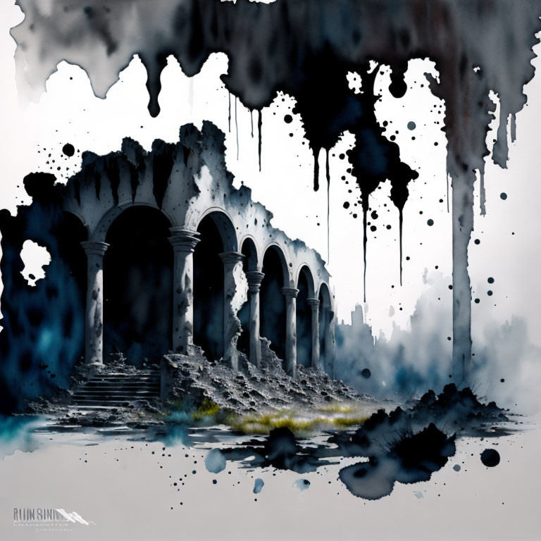 Monochrome Ink Blot Watercolor Art of Dilapidated Structure