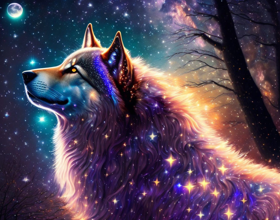 Cosmic wolf digital art: purple and blue fur, starry night sky