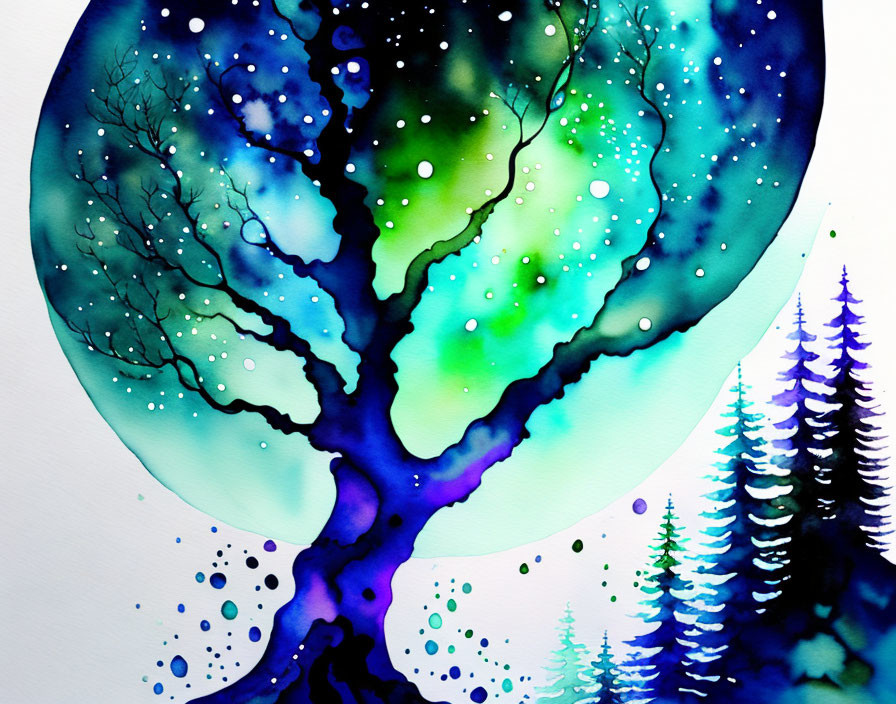 Colorful watercolor painting of a cosmic tree against star-filled backdrop