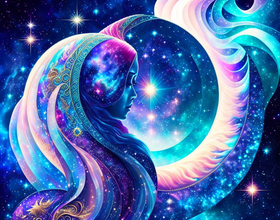 Colorful Cosmic Woman with Crescent Moon and Stars in Rich Blues and Purples