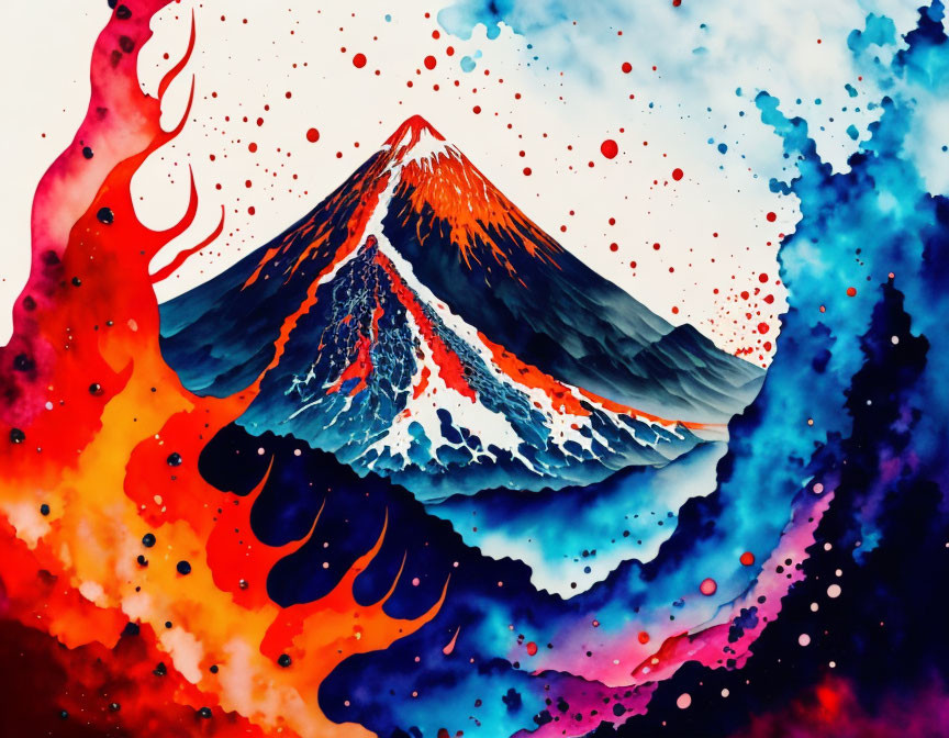 Colorful Watercolor Painting of Mount Fuji with Red, Blue, and White Ink