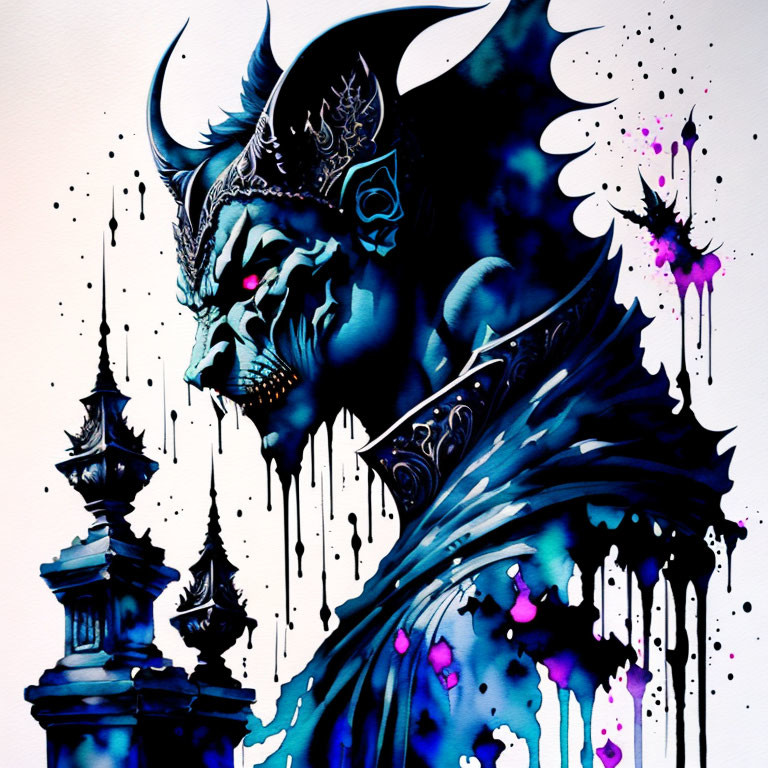 Colorful horned figure with ink splatter effects in blue and purple.