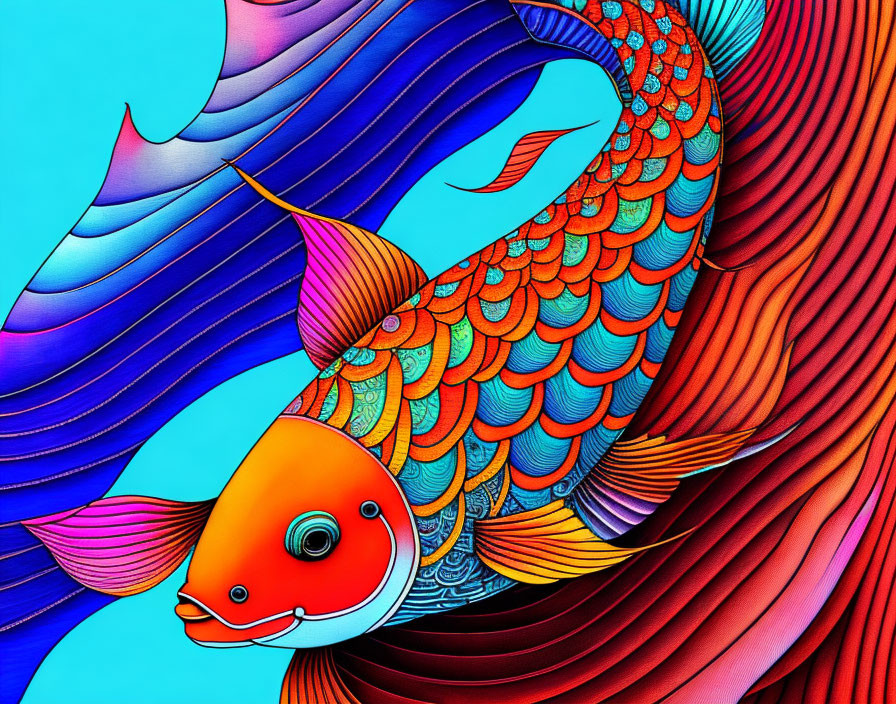 Colorful Fish Illustration with Patterned Scales on Blue Background