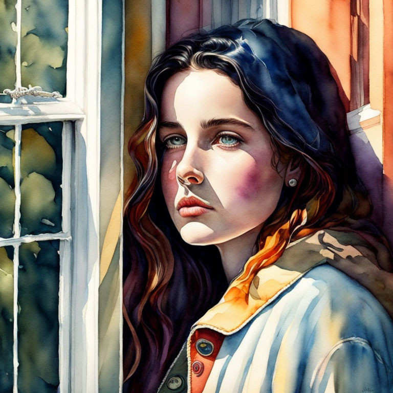 Watercolor portrait of woman gazing out window with sunlight and colorful jacket.