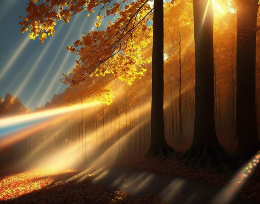 Autumn forest scene with sunlight filtering through colorful leaves