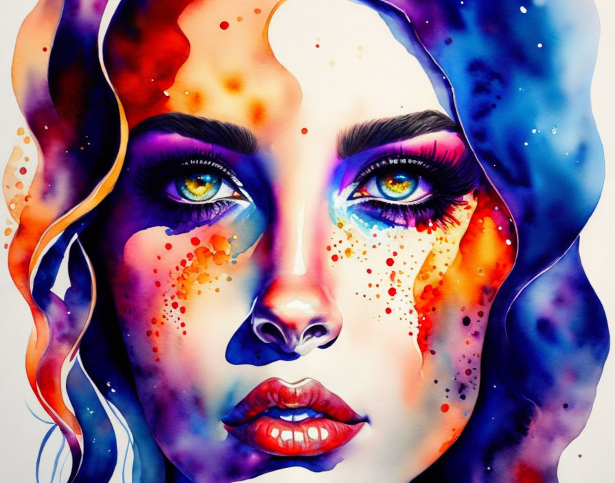 Colorful Watercolor Portrait of Woman with Striking Eyes