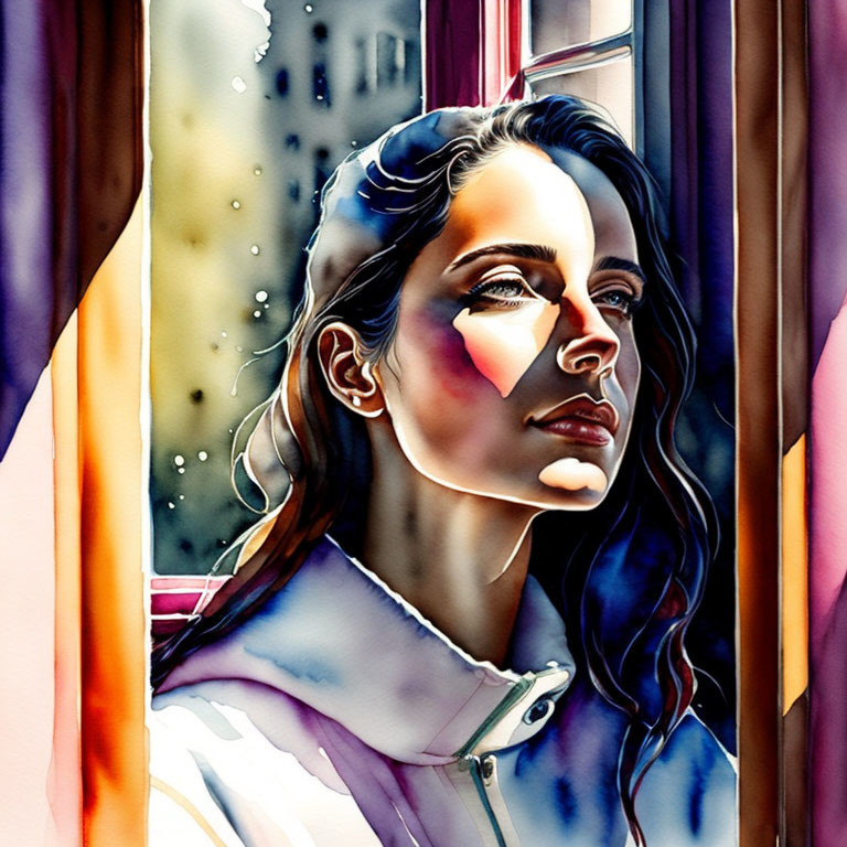 Vibrant watercolor portrait of contemplative woman gazing out window