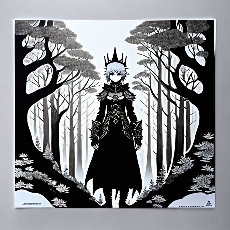 Monochrome Artwork: Stylized Character in Forest Setting