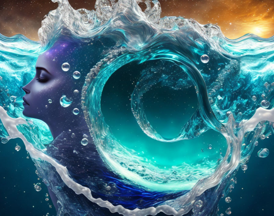 Surreal image: woman's face merges with blue ocean wave