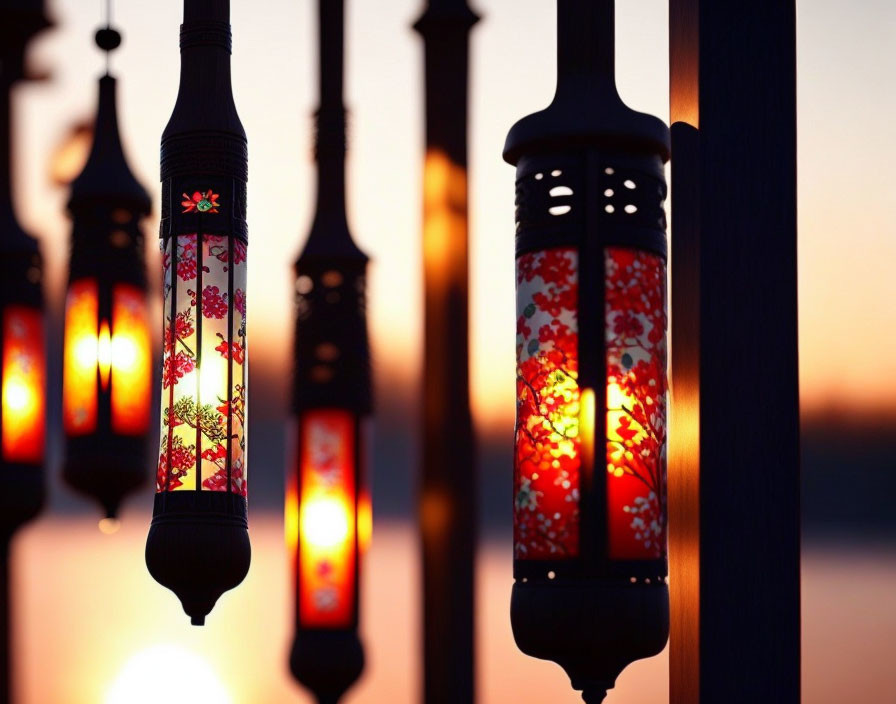 Intricate Patterned Lanterns Illuminate Dusky Outdoor Setting