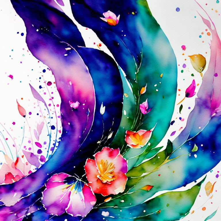 Colorful Watercolor Painting with Swirling Blues, Greens, Pink, and Orange Flowers