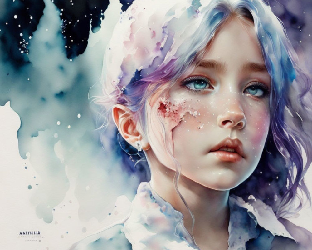 Young girl watercolor portrait with blue eyes and cosmic patterns.