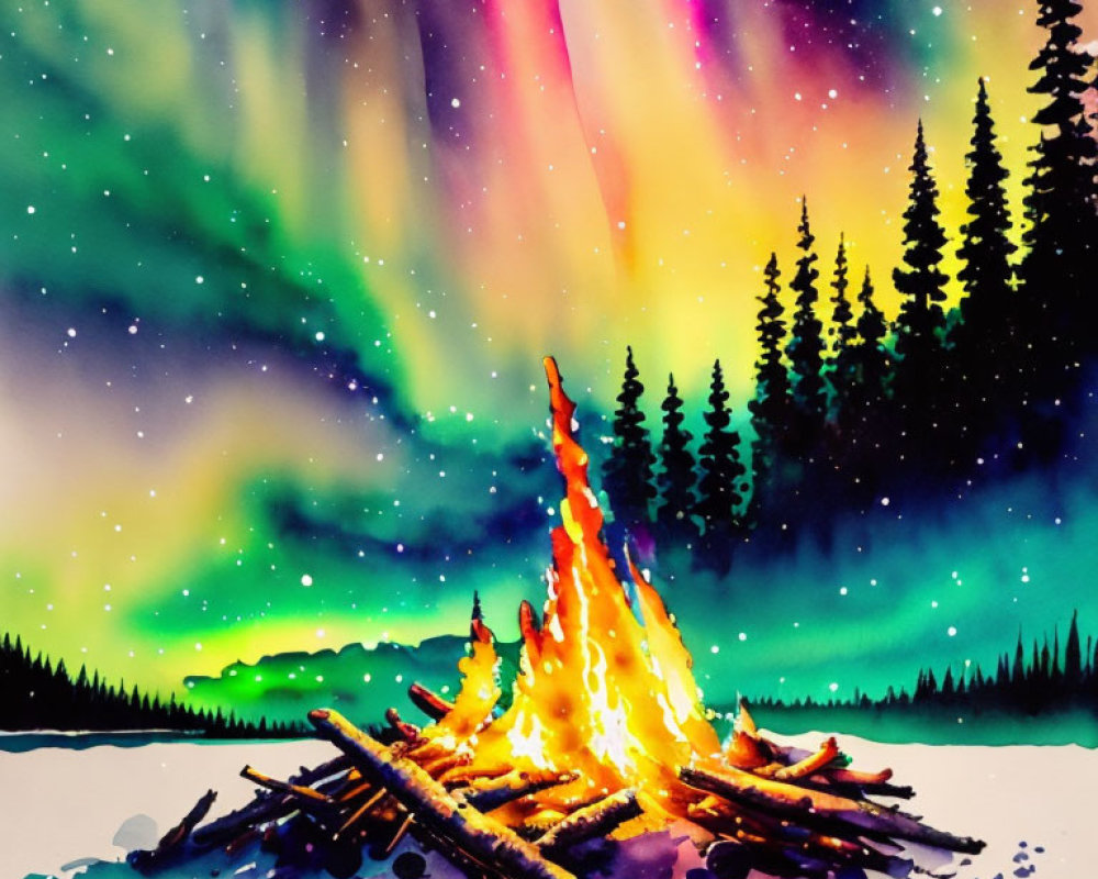 Colorful aurora borealis over pine trees and campfire