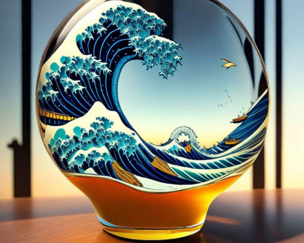 Stylized blue wave in glass sphere against sunset backdrop