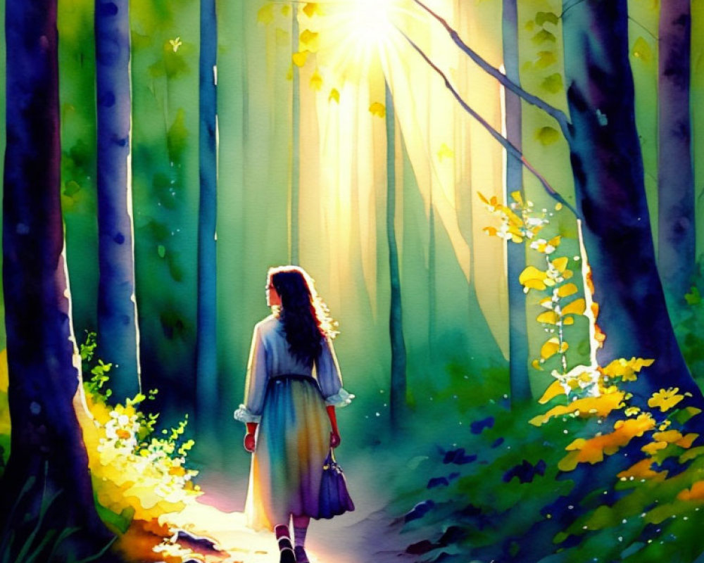 Woman walking in vibrant forest sunlight.