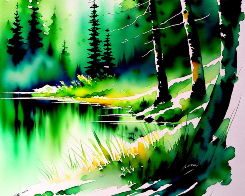 Lush Green Forest Watercolor Painting with Tranquil Lake