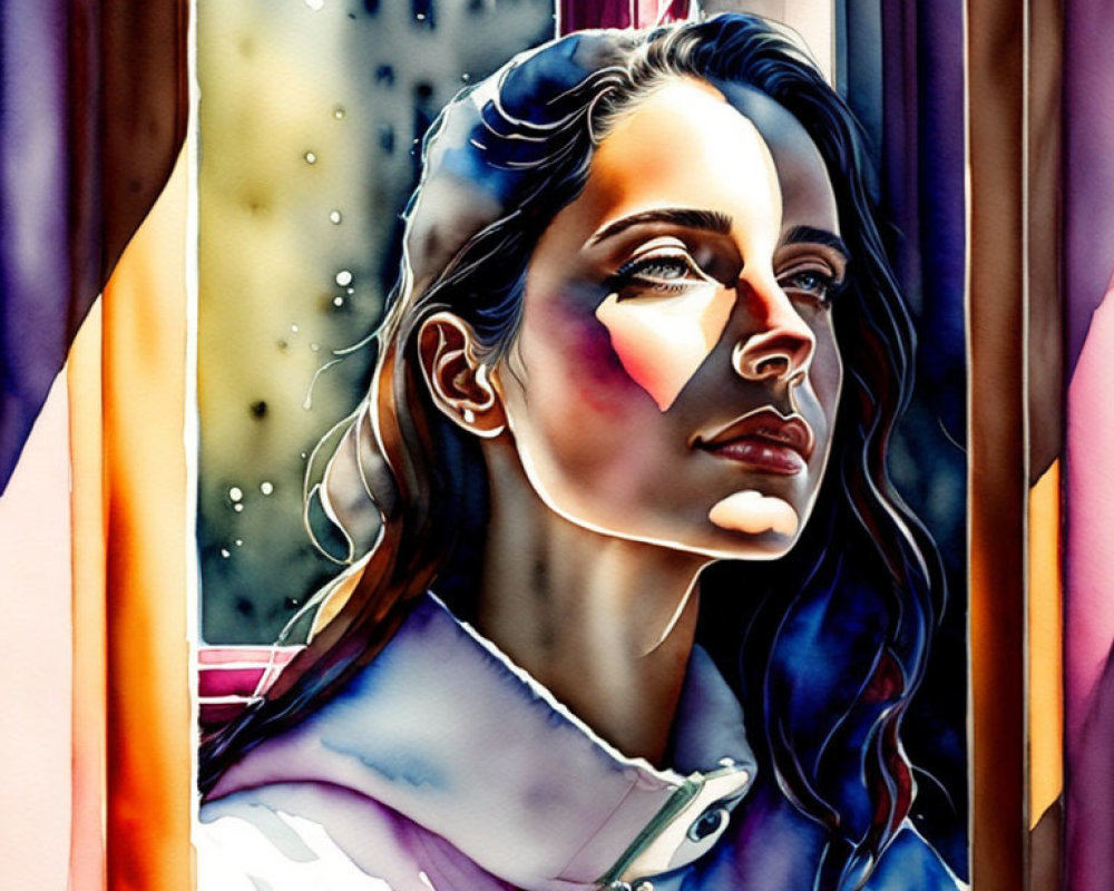 Vibrant watercolor portrait of contemplative woman gazing out window