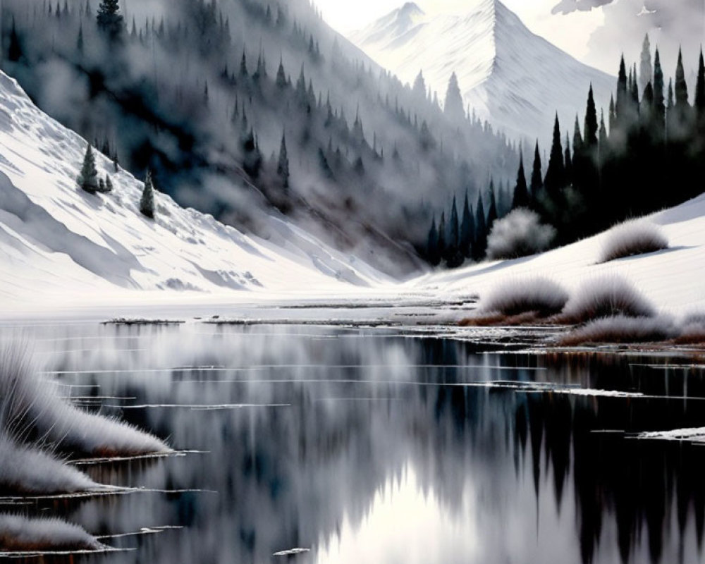 Snow-covered hills, calm lake, evergreen trees in serene winter landscape