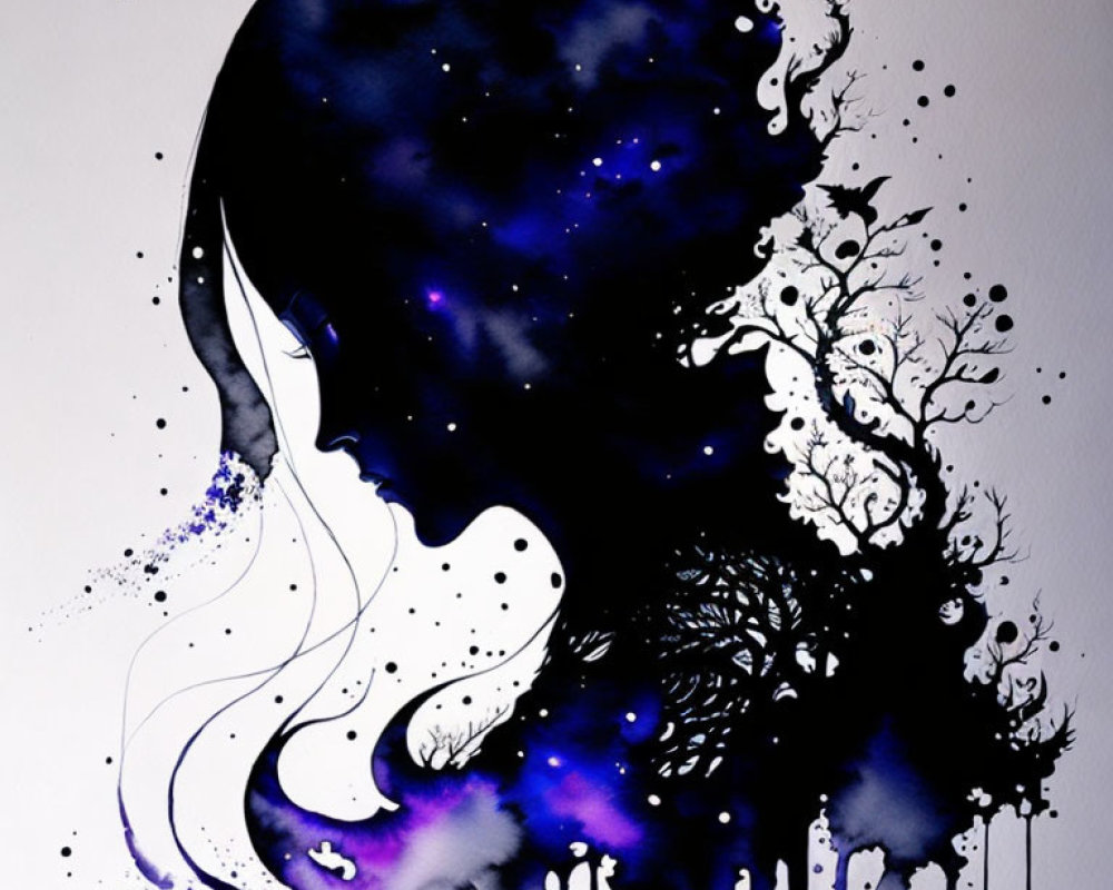 Stylized illustration of woman's profile with cosmos-themed hair and tree silhouettes in black and