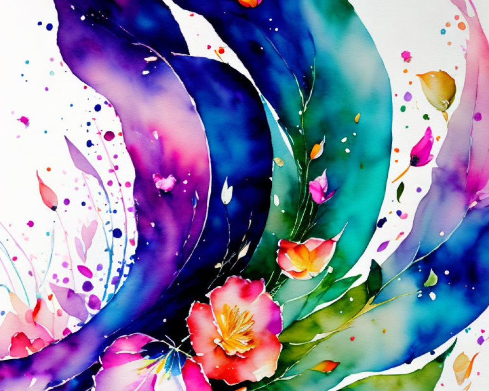 Colorful Watercolor Painting with Swirling Blues, Greens, Pink, and Orange Flowers