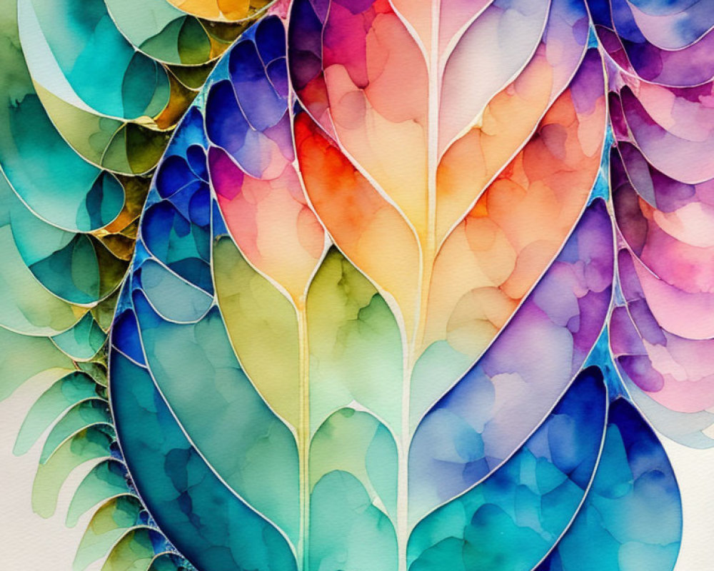 Colorful Watercolor Painting of Leaf with Teardrop Shapes