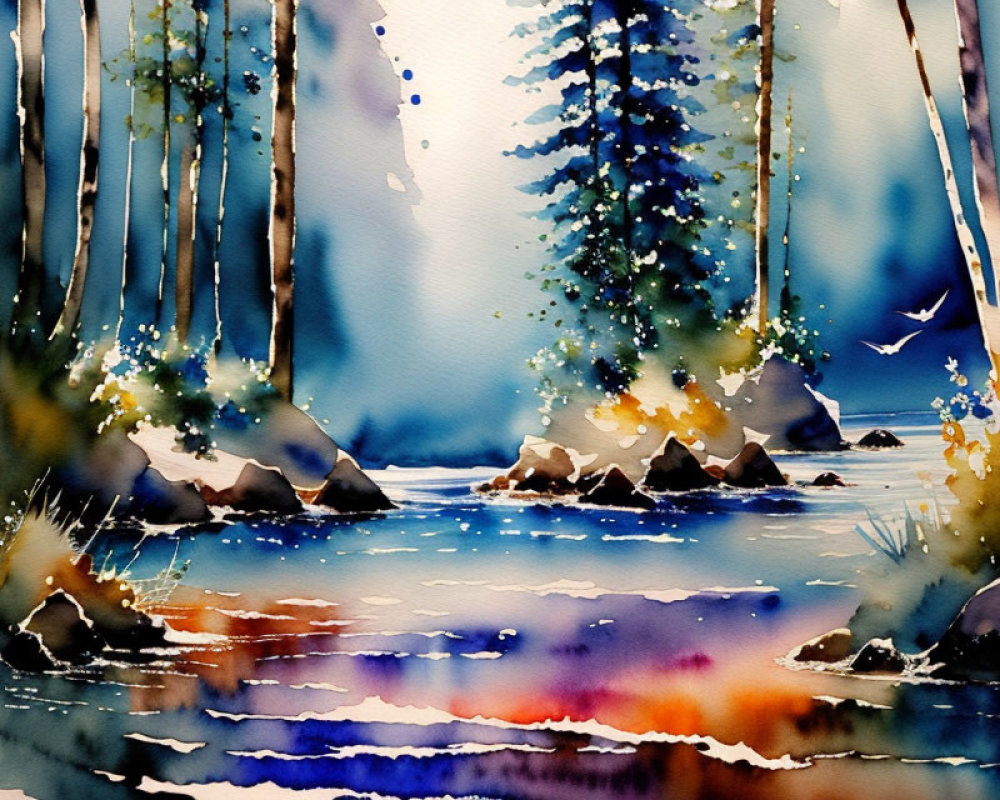 Serene forest scene with tall trees and birds in vibrant watercolor