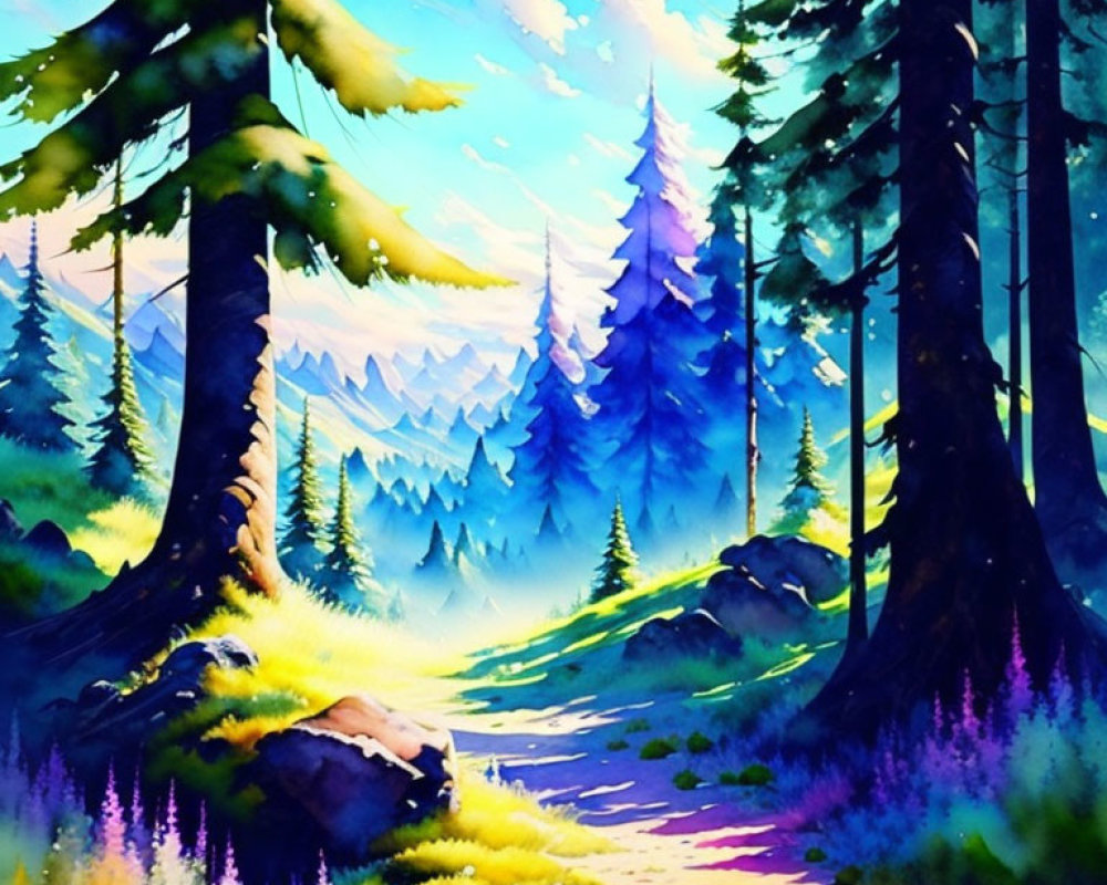 Sunlit forest watercolor painting with blue and purple hues.