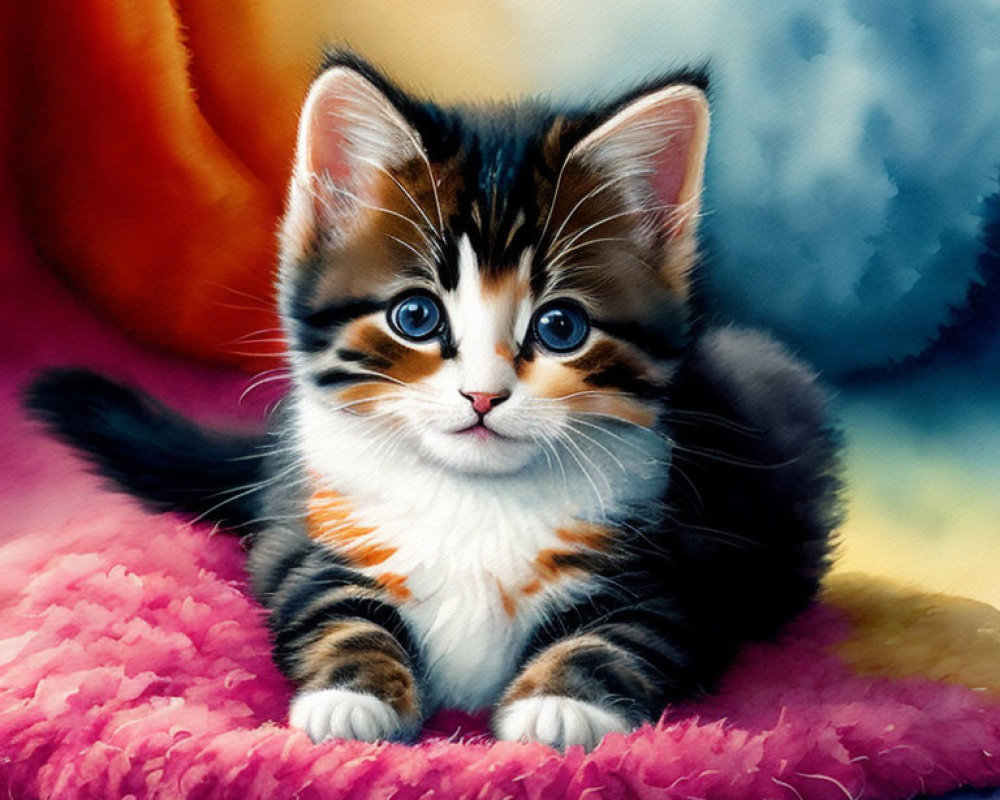 Tricolored kitten with blue eyes on pink cushion in soft orange and blue setting