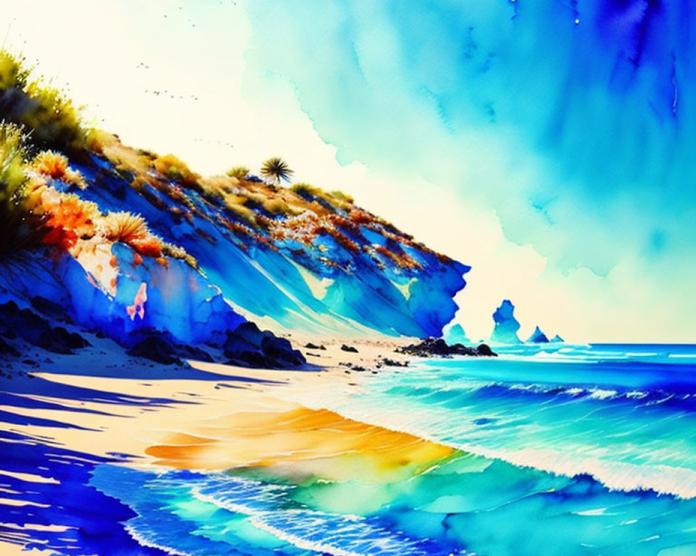 Sunlit Beach Watercolor Painting with Blue Skies and Golden Shore