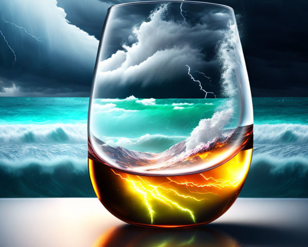 Photorealistic storm scene in whiskey tumbler with ocean waves and lightning.