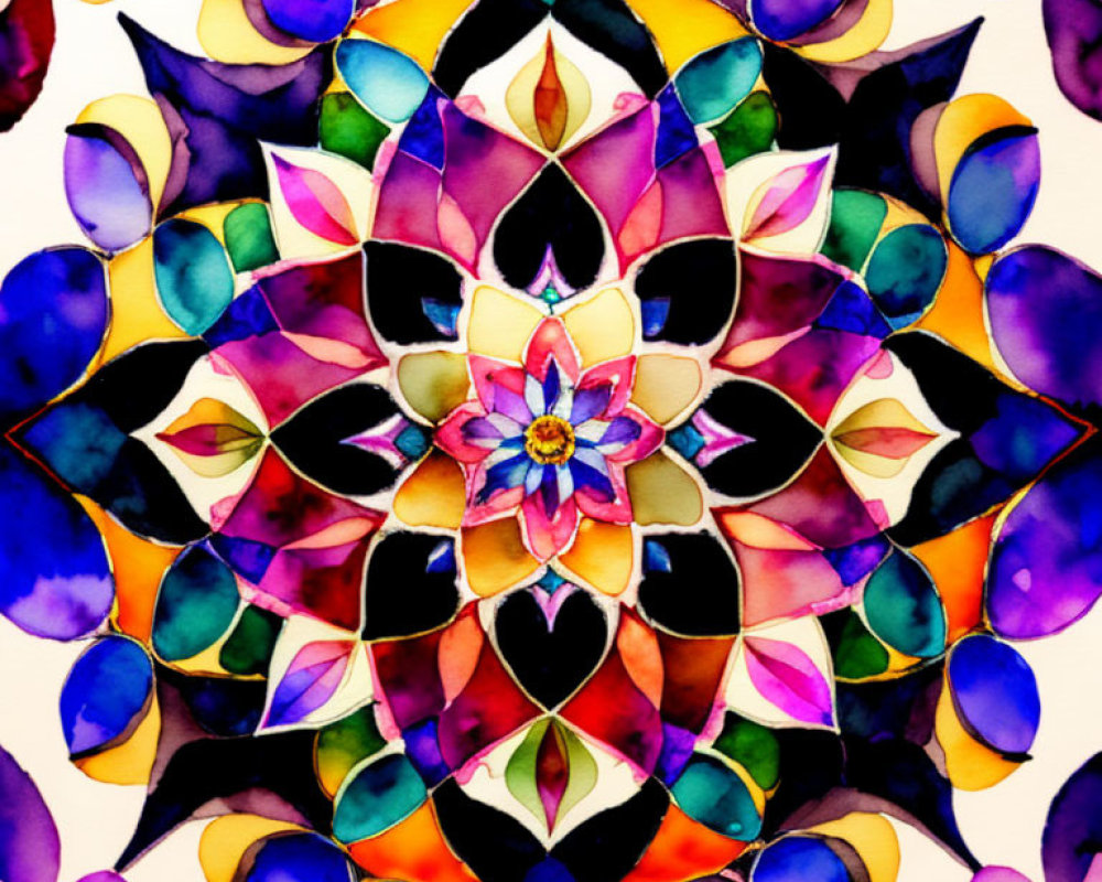 Colorful Symmetrical Floral Watercolor Mandala Art in Stained Glass Style