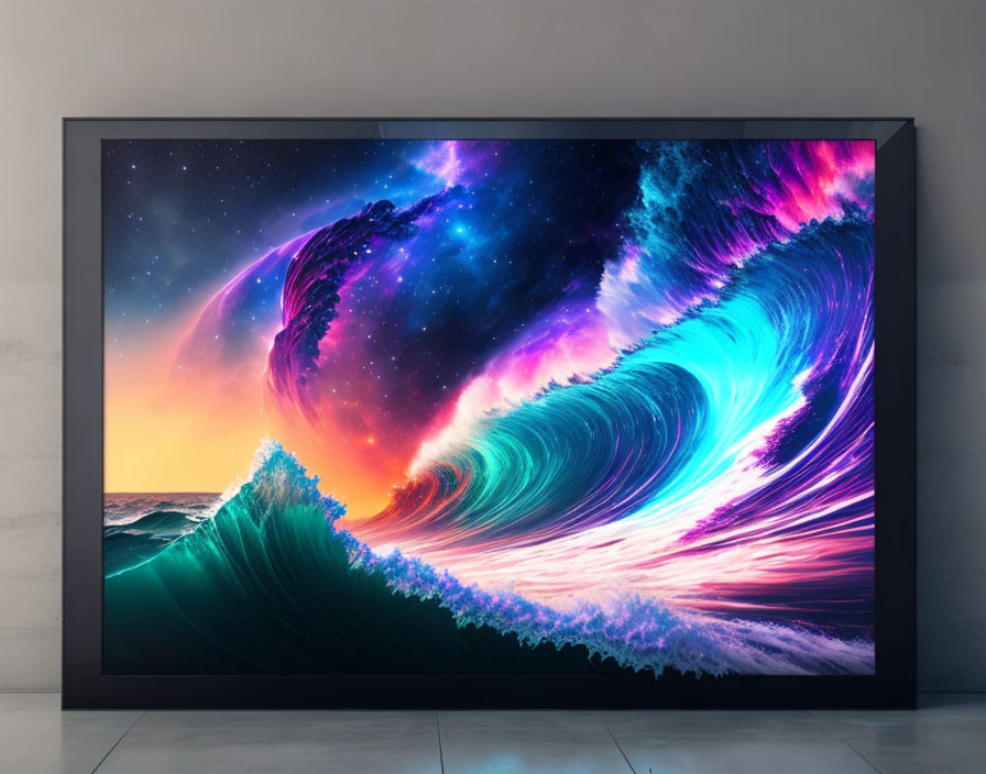 Abstract cosmic waves blend with ocean scene on large screen