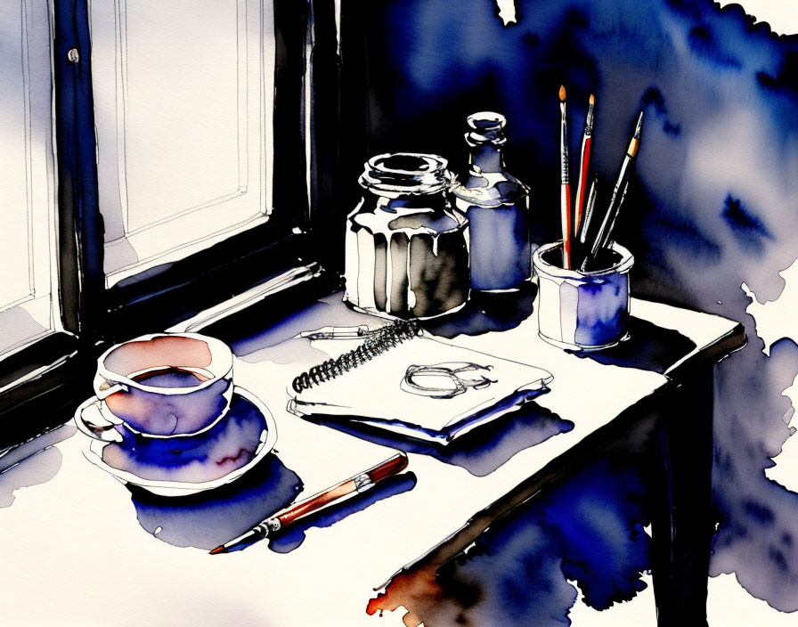 Watercolor illustration of creative workspace with coffee cup, sketchpad, pens, ink bottles, and paint