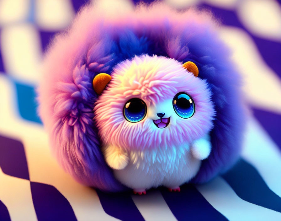 Fluffy creature with large eyes on pastel gradient fur standing on checkered surface