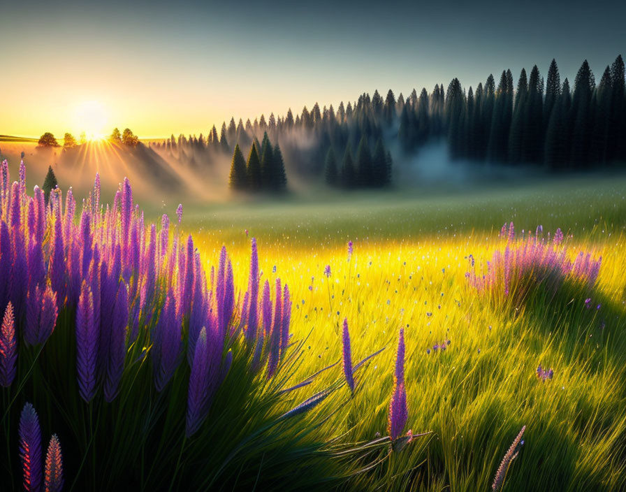 Serene sunrise over misty meadow with lush green grass and vibrant purple flowers