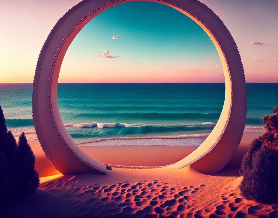 Surreal beach scene through round zipper frame at sunset