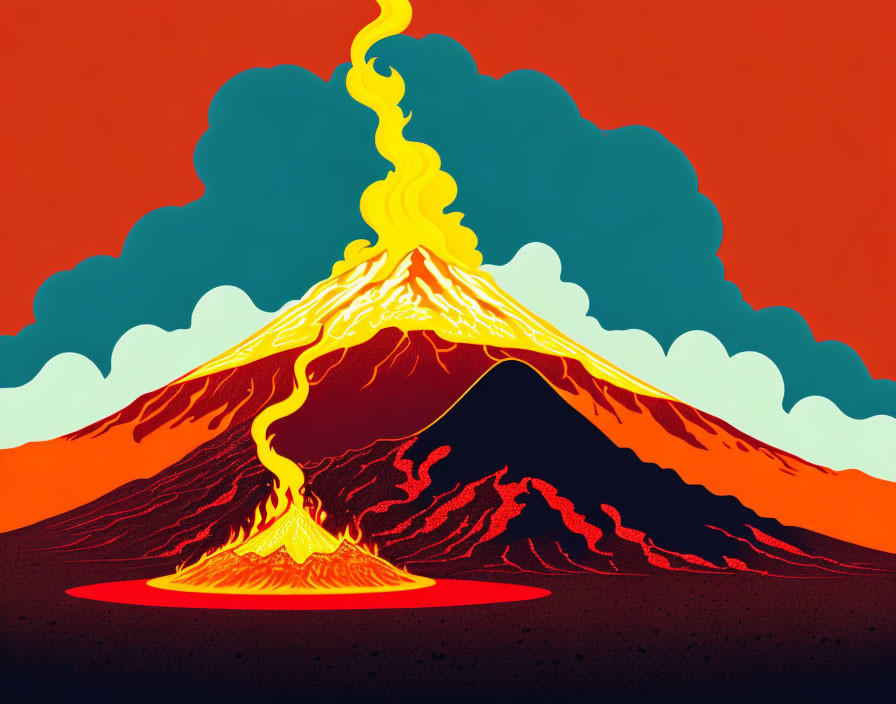 Vibrant volcanic eruption illustration with flowing lava and smoke