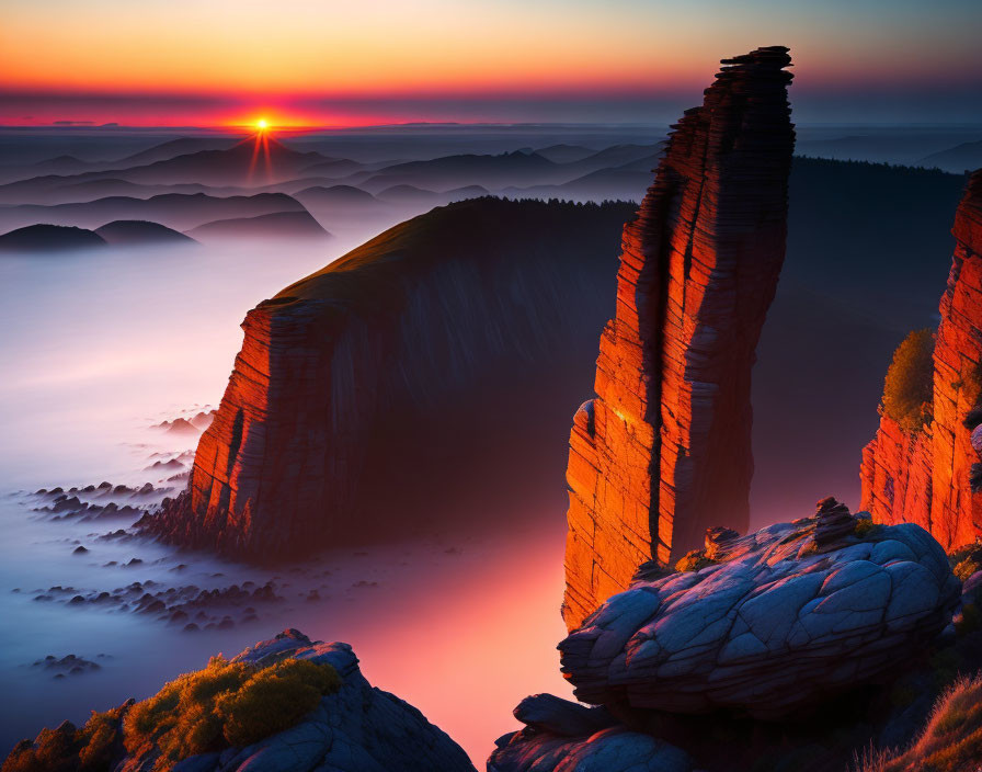 Tranquil landscape with layered hills, misty sea, and warm light.