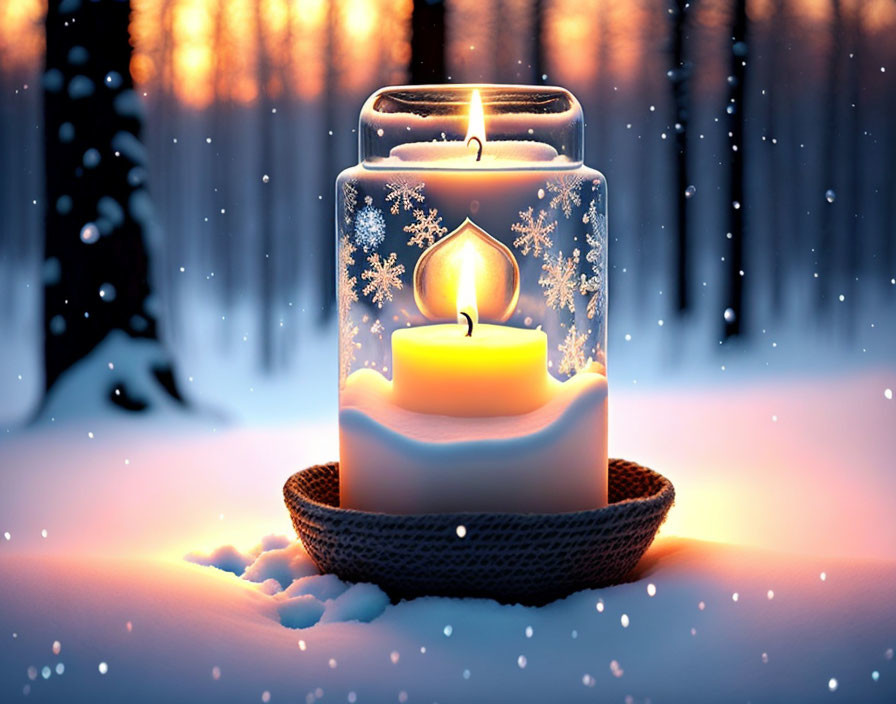 Transparent Lantern with Snowflake Design and Lit Candle in Snowy Setting