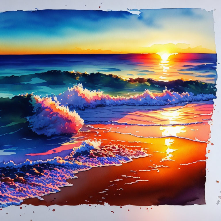 Vivid Watercolor Beach Painting with Blue Waves and Sunset Reflection