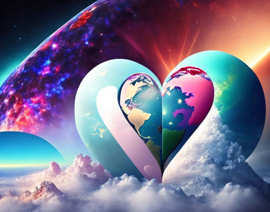 Colorful heart-shaped Earth breaking apart in cosmic scene with galaxies and nebulae.