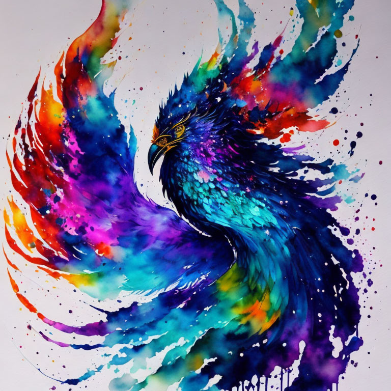 Colorful Phoenix Watercolor Painting with Flame Illusion