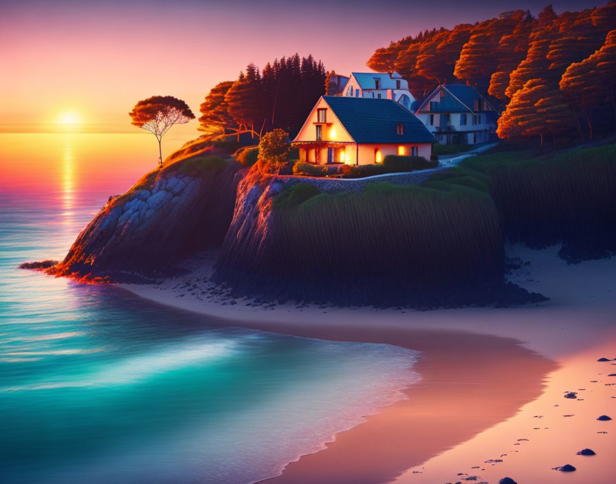 Houses on Cliff Overlooking Tranquil Sea at Sunset