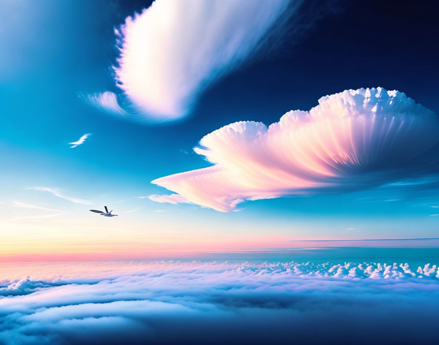 Pastel-colored clouds and airplane in serene sunset sky