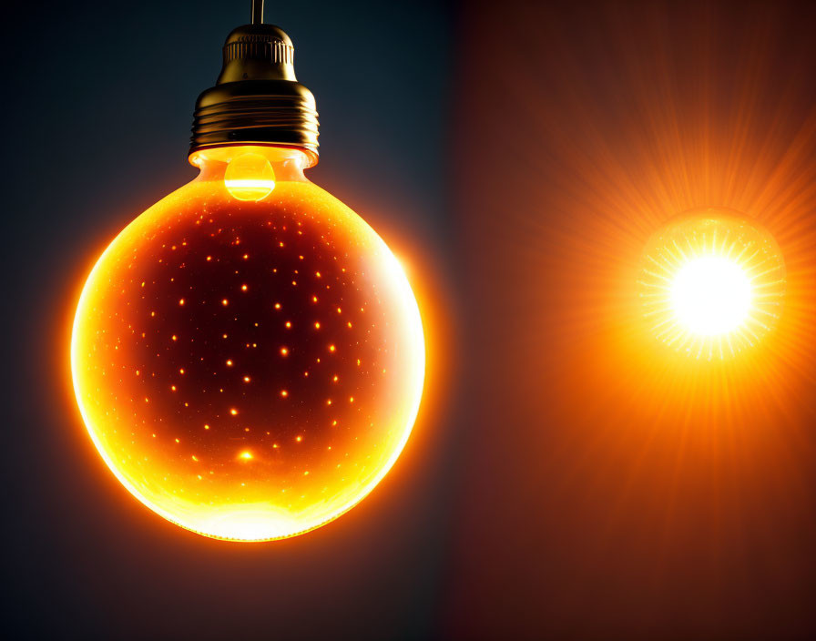 Light bulb transformed into bright sun on dual-tone background