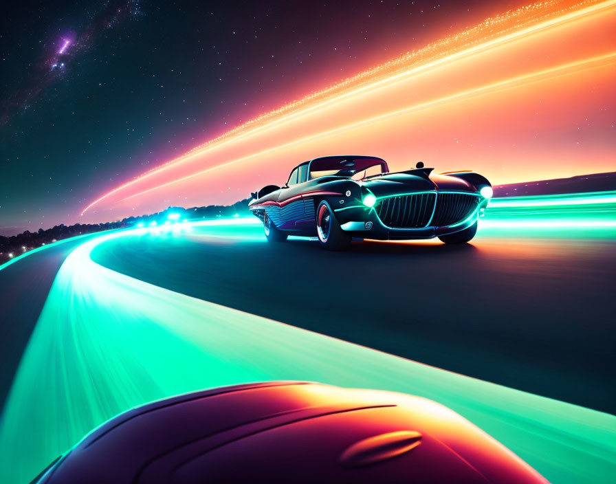 Vintage Car on Neon-Lit Futuristic Highway