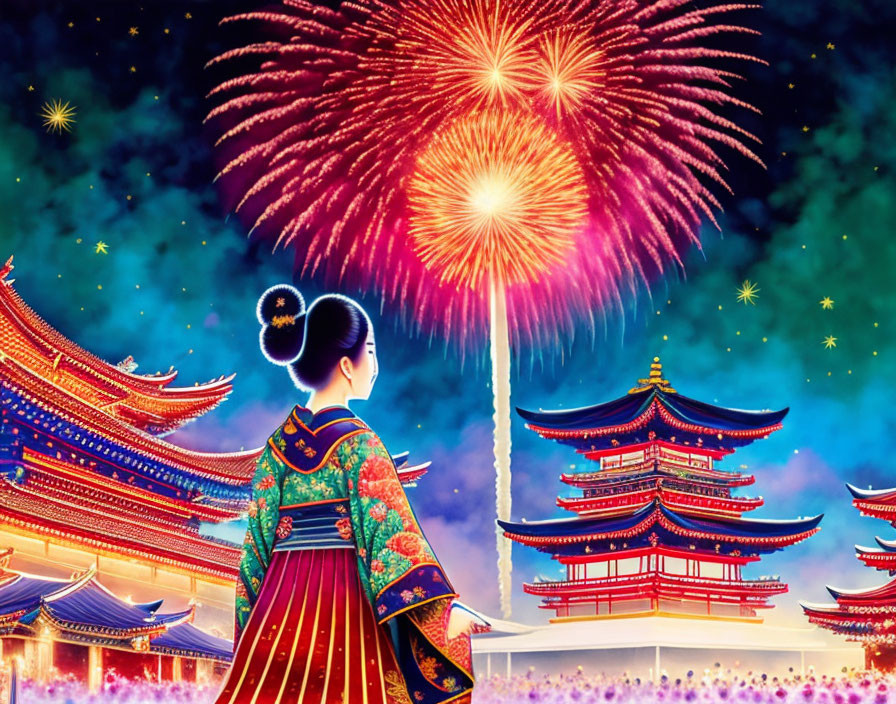 Woman in vibrant kimono enjoying fireworks over Japanese pagoda buildings