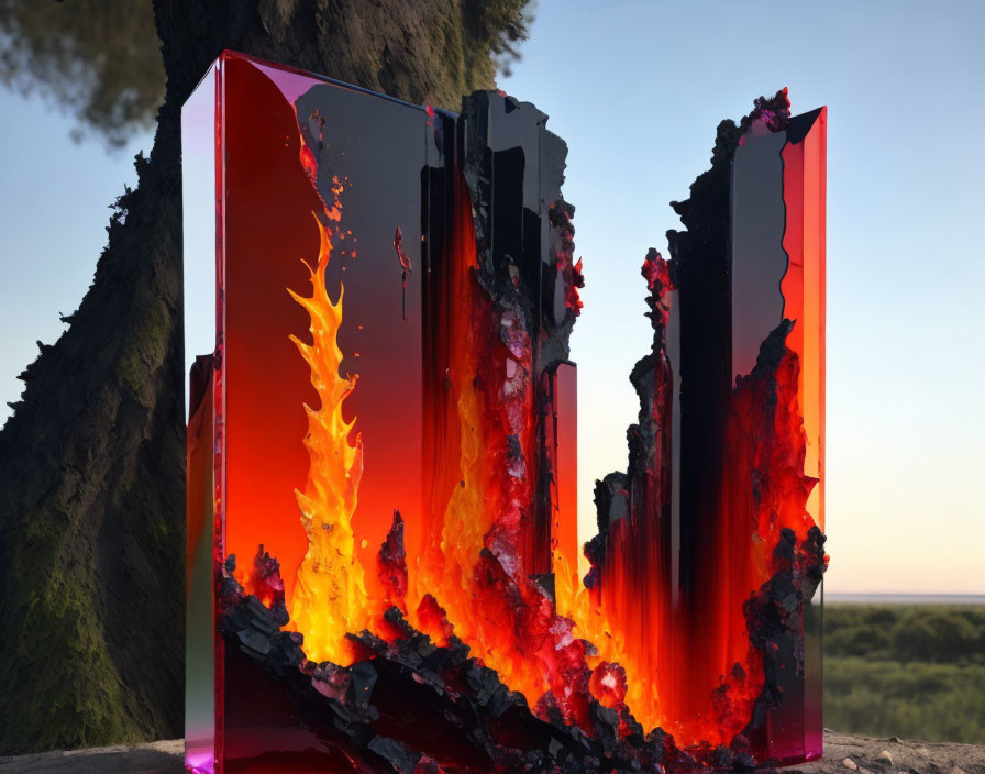 Abstract Red and Black Sculpture in Natural Setting