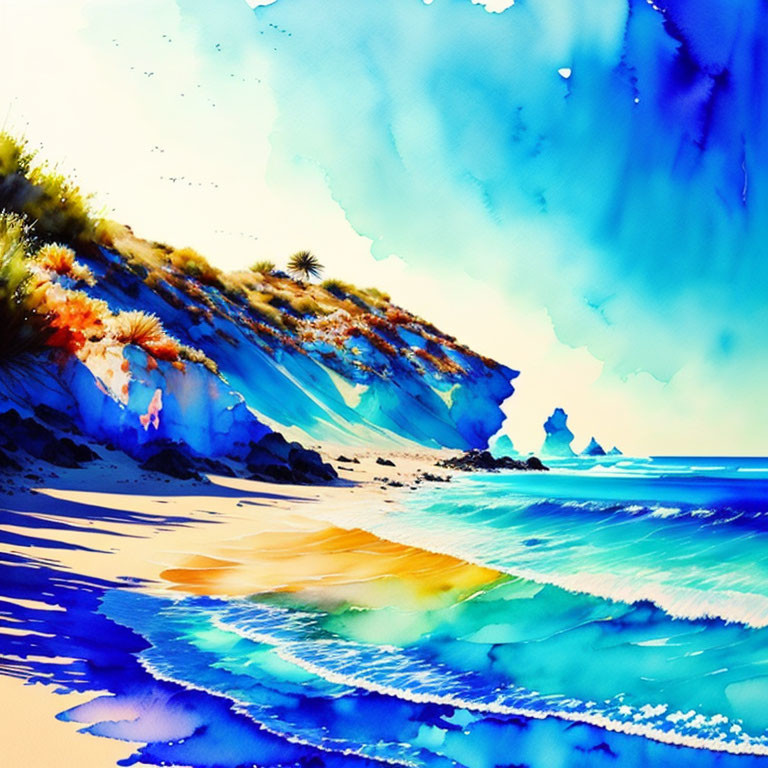 Sunlit Beach Watercolor Painting with Blue Skies and Golden Shore